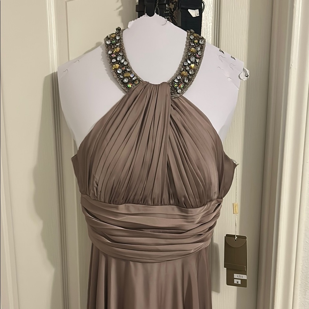 NWT Elegant Taupe Halter Dress with Embellished Neckline